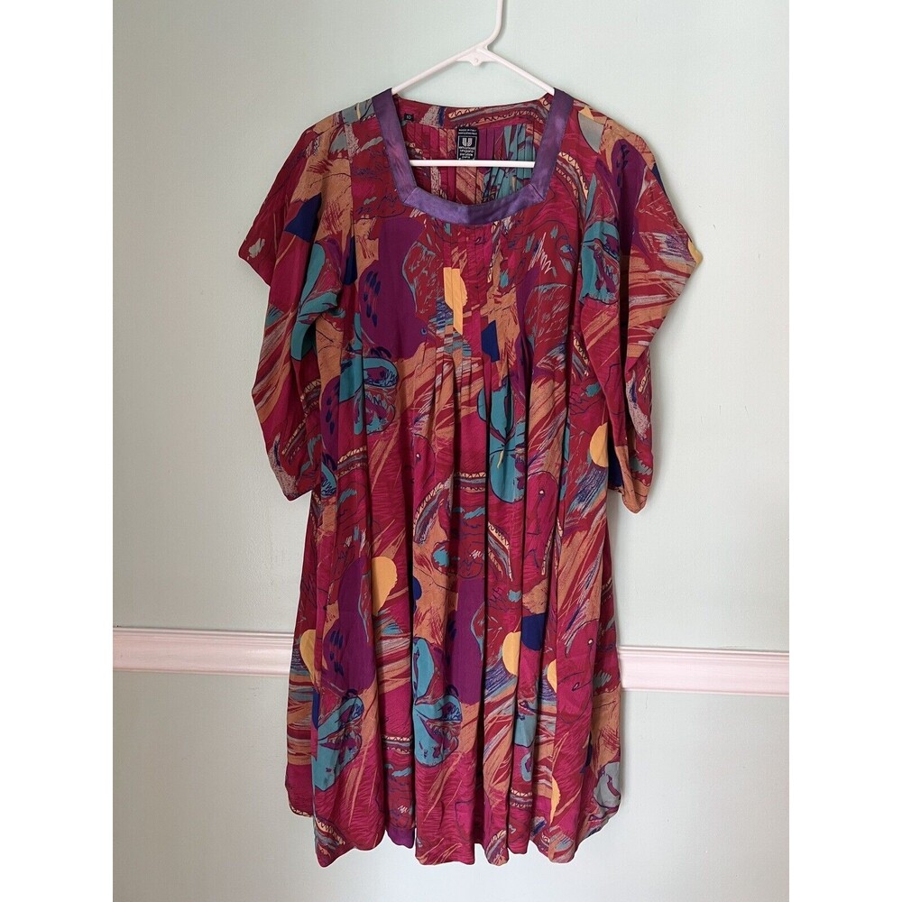 Vtg EMANUEL UNGARO Italy SILK Pink/Multicolor FLORAL Print dress 10 Art To‎ Wear